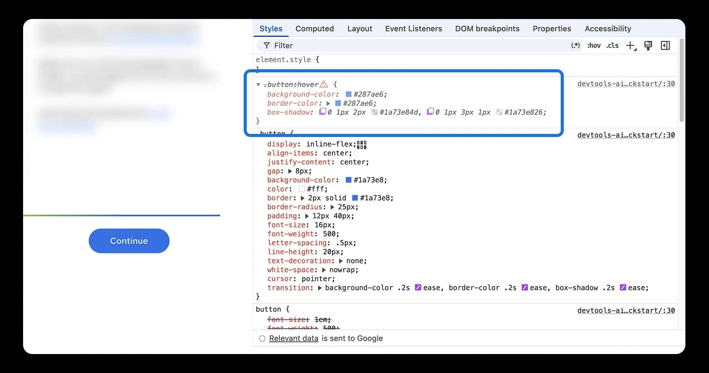 Elements 패널에 비활성 CSS 규칙이 표시됩니다.