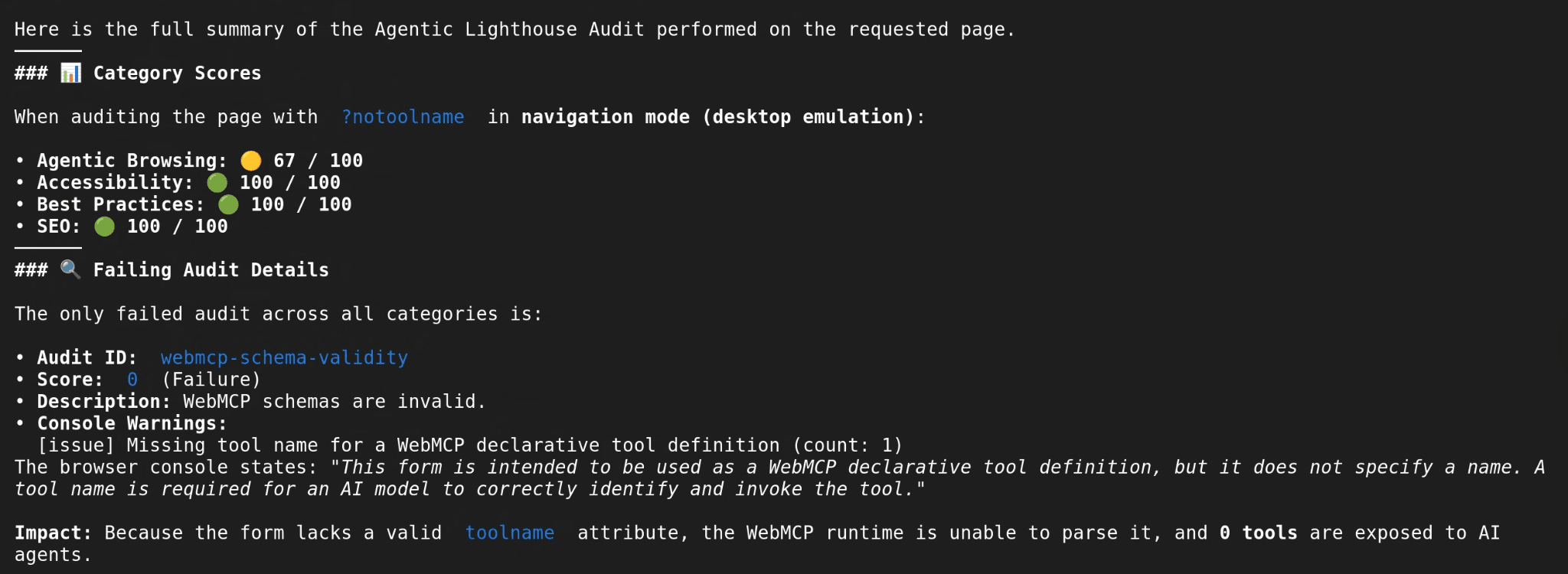 Lighthouse audit in Chrome DevTools for Agents