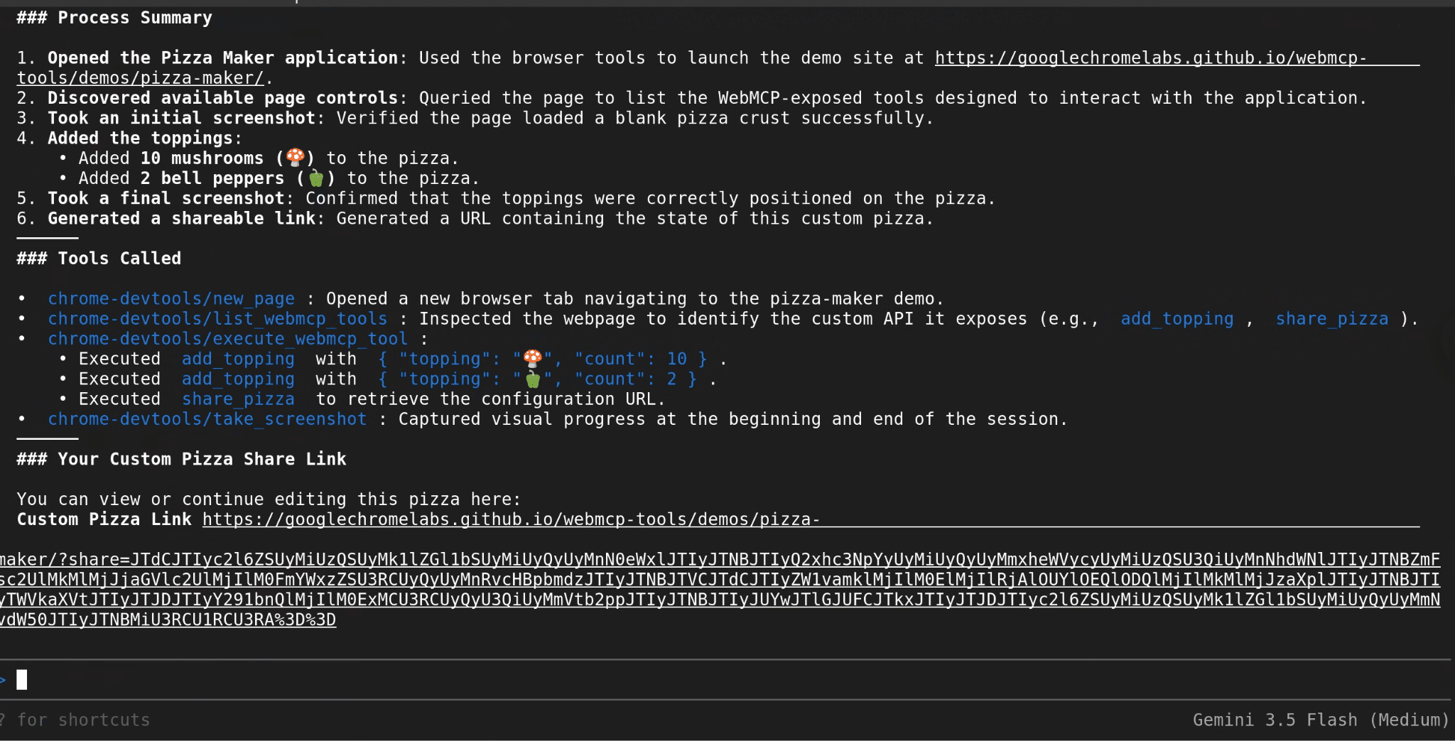 Chrome DevTools for Agents executing pizza maker demo