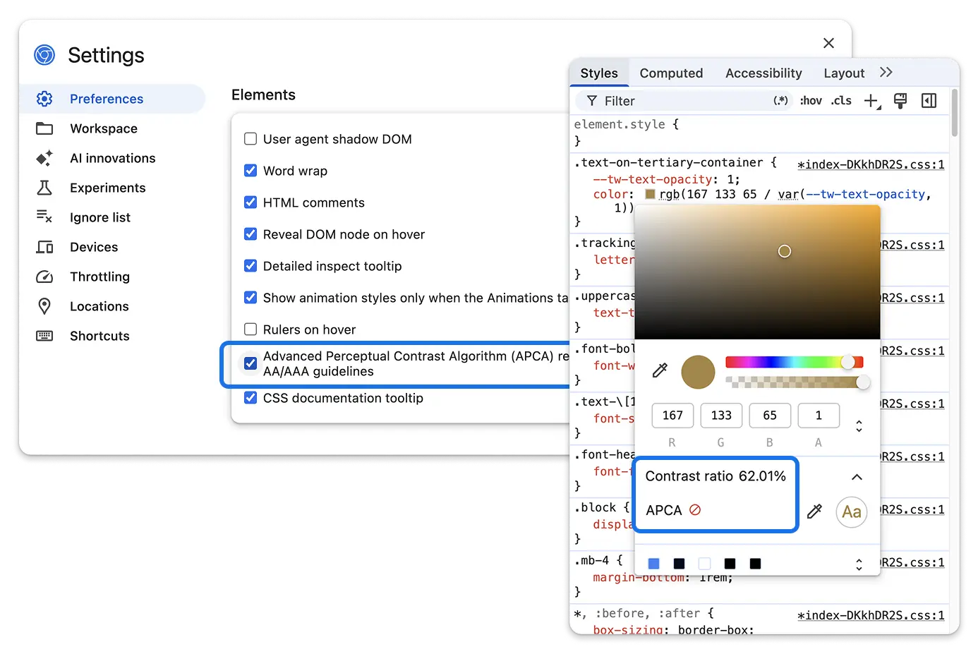 DevTools 설정의 APCA 알고리즘 토글 및 Styles 탭에서 적용되는 새로운 알고리즘.