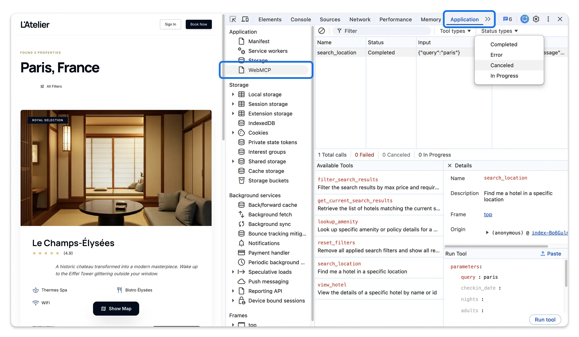 DevTools Application 패널의 새로운 WebMCP 디버깅 도구.
